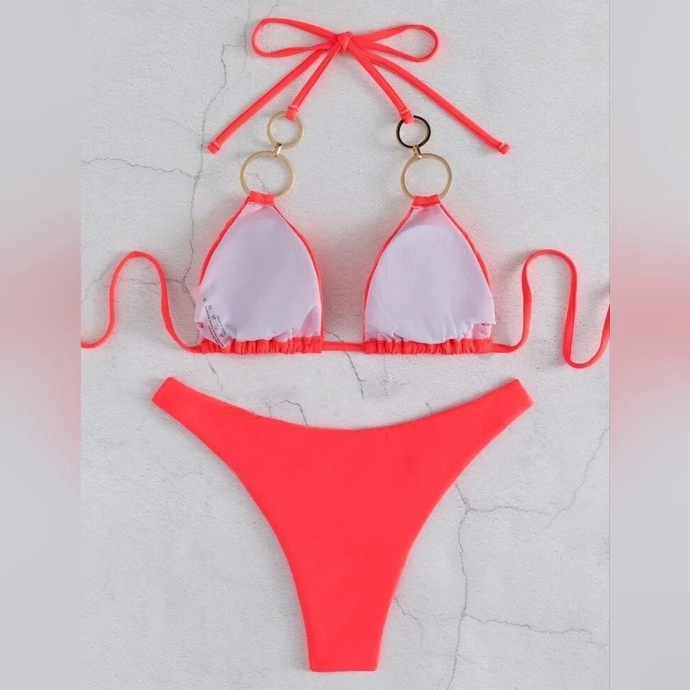 NWT Swim Vacation Plain Ring Linked Halter Bikini Swimsuit